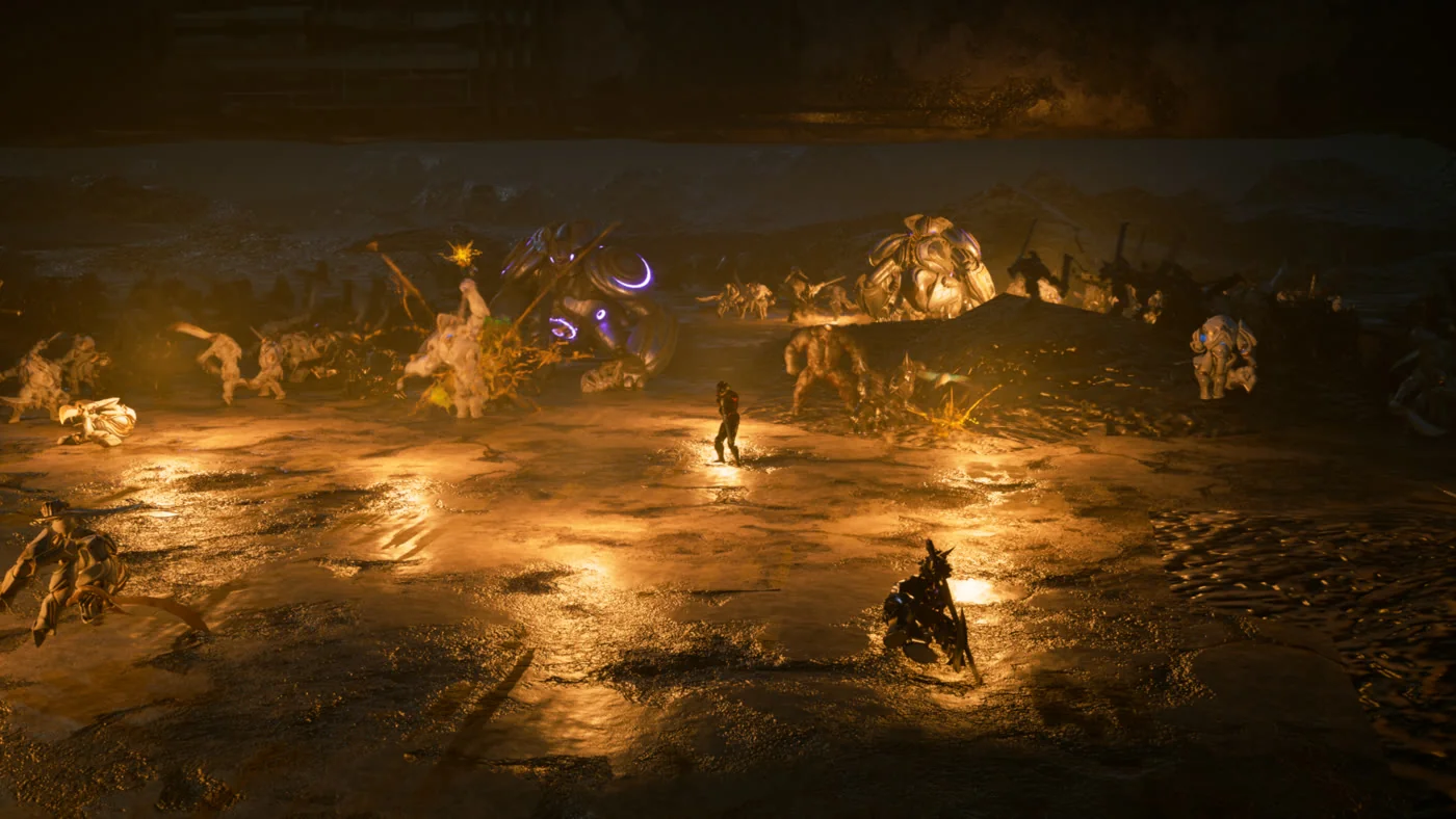 A lone figure faces an advancing army under floodlight on a dark world