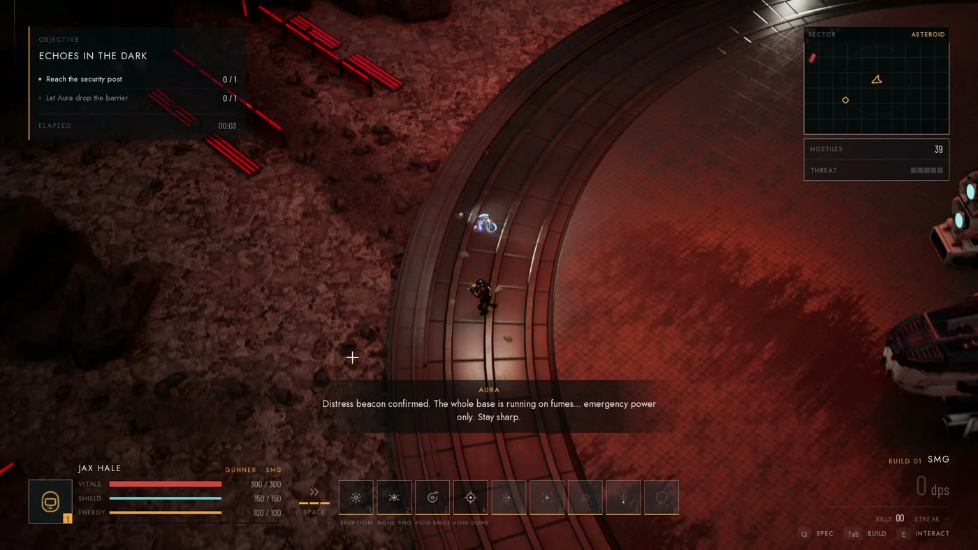 The ability bar and build loadout during a firefight inside a base