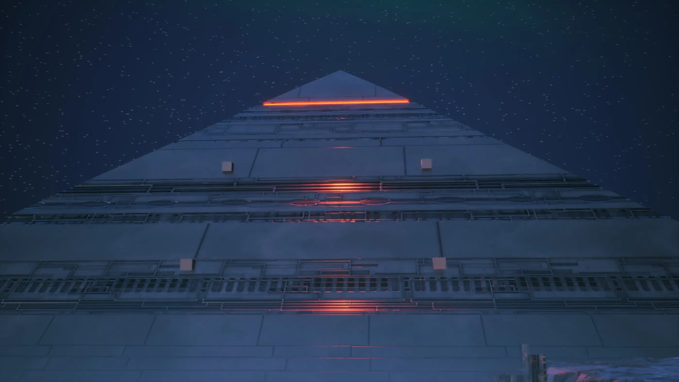 An ancient pyramid megastructure under a night sky