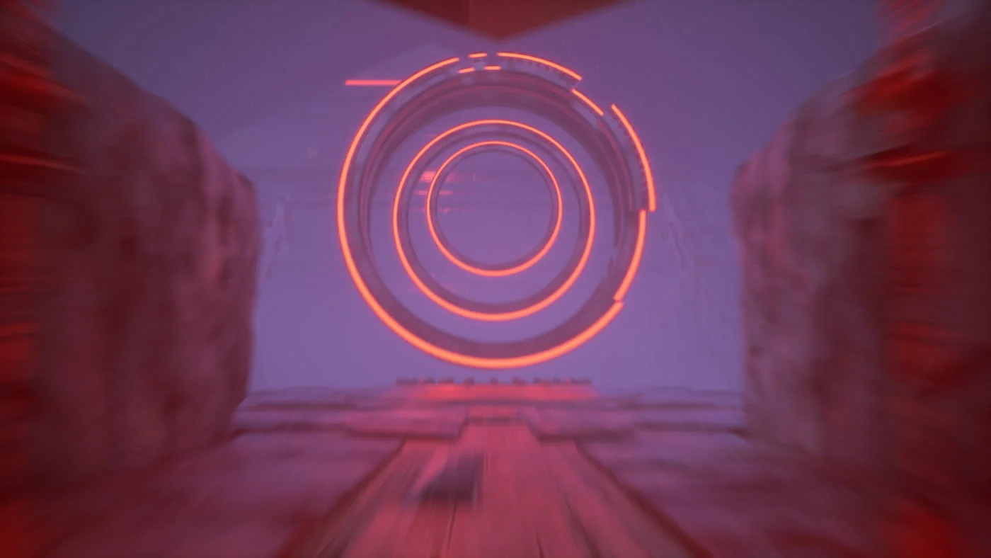 A glowing red ring gate inside a canyon