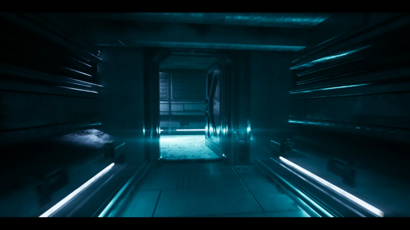 A long teal-lit corridor aboard a derelict ship