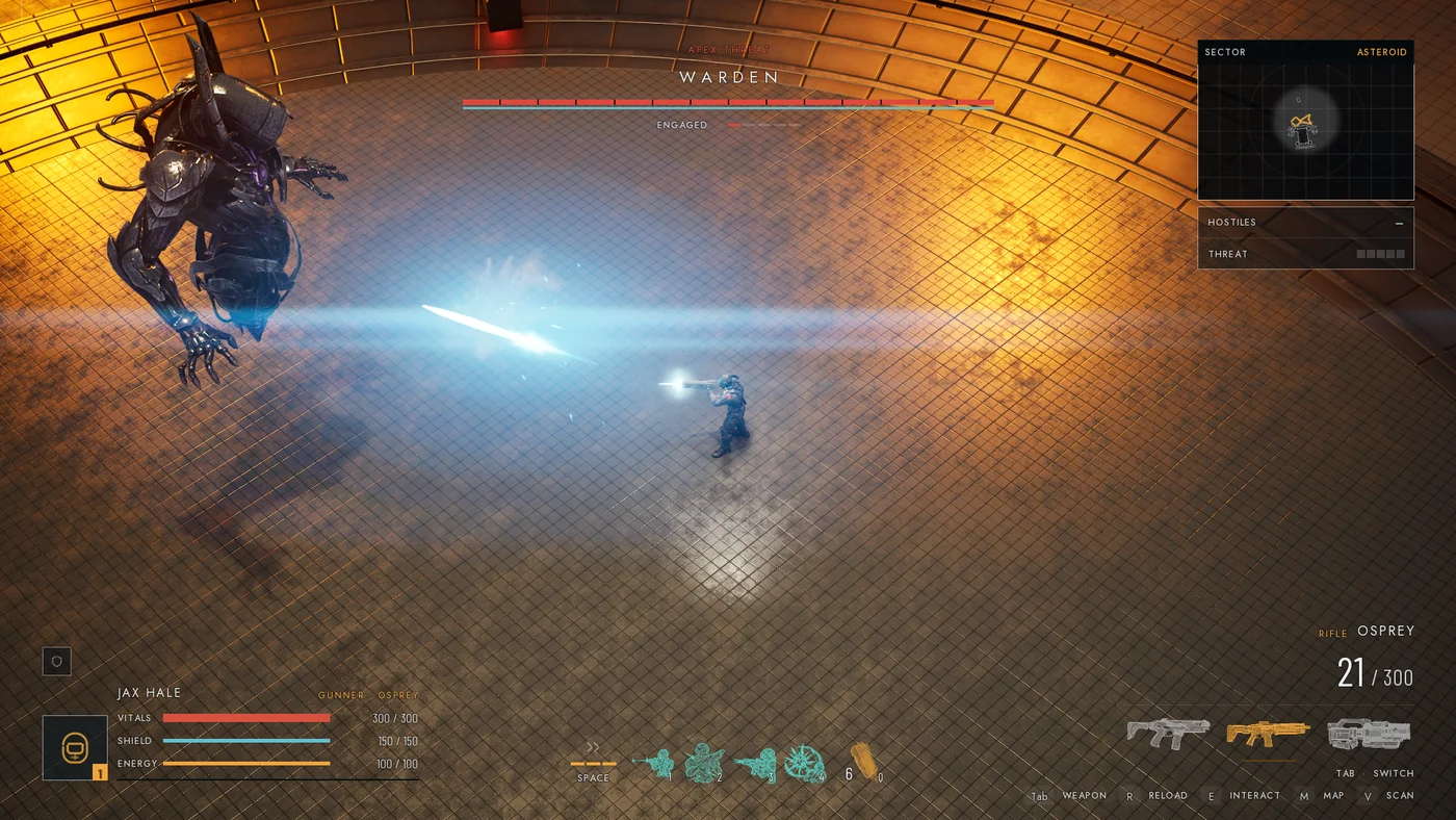 Top-down boss encounter under a sweeping laser beam