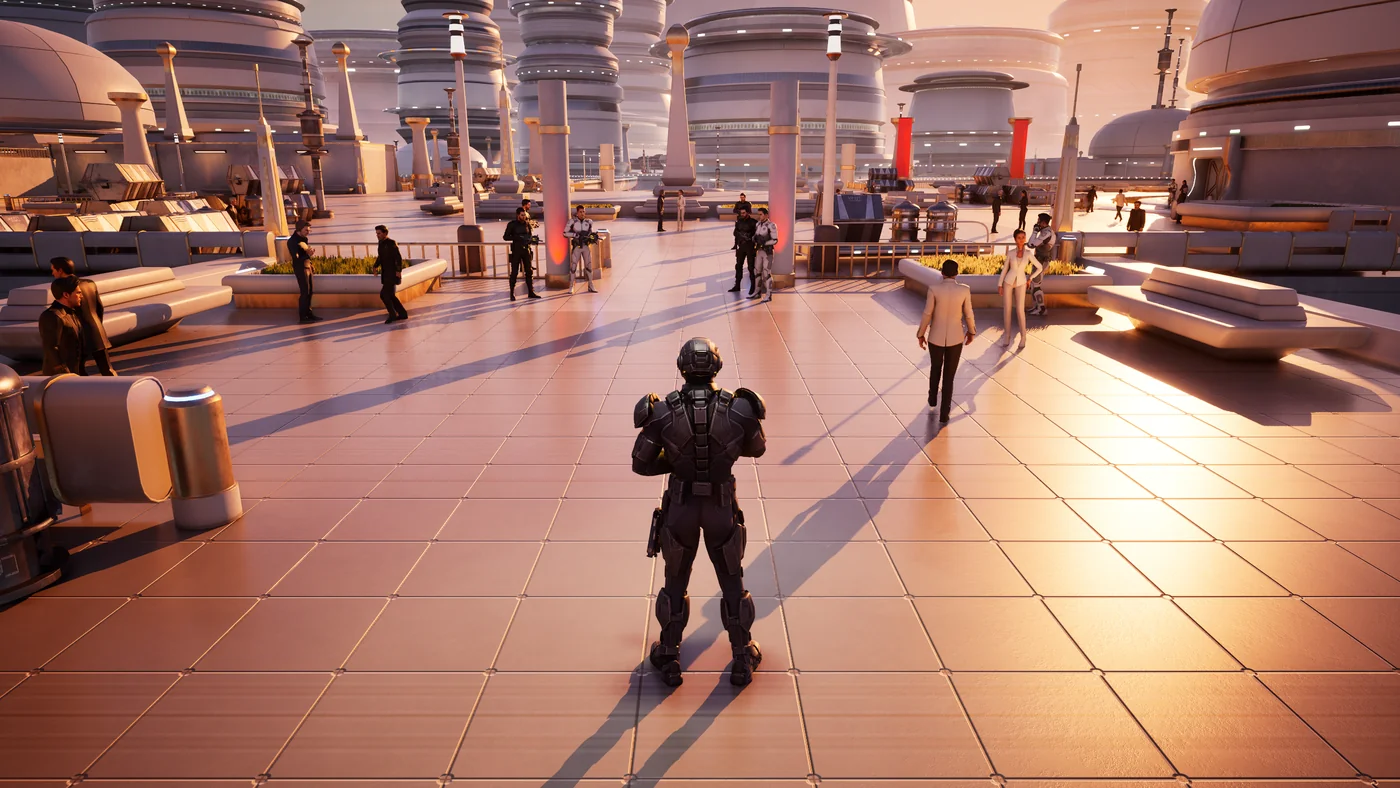 Third-person view of a sunlit city plaza