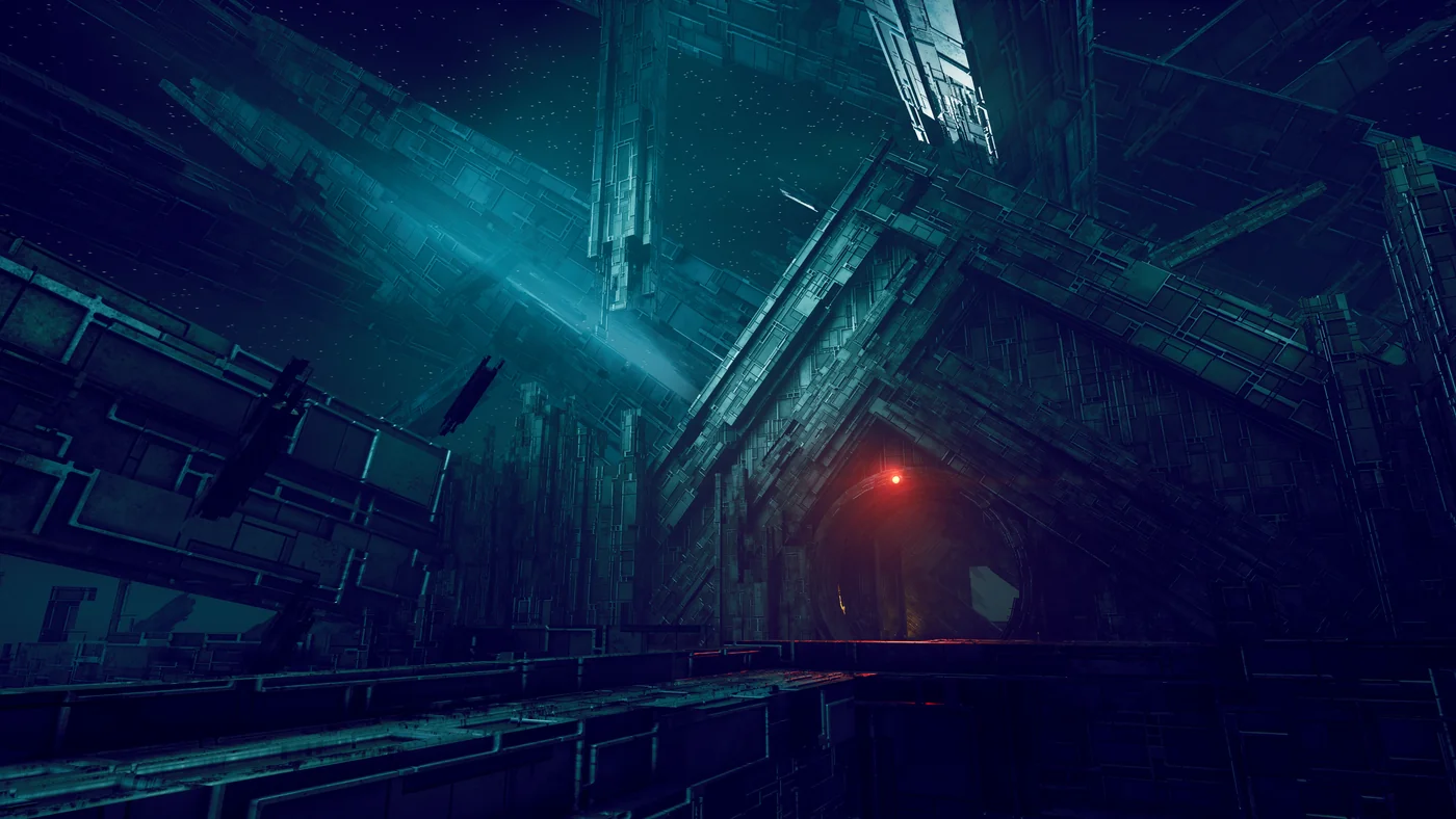 A derelict station interior lit in cold teal