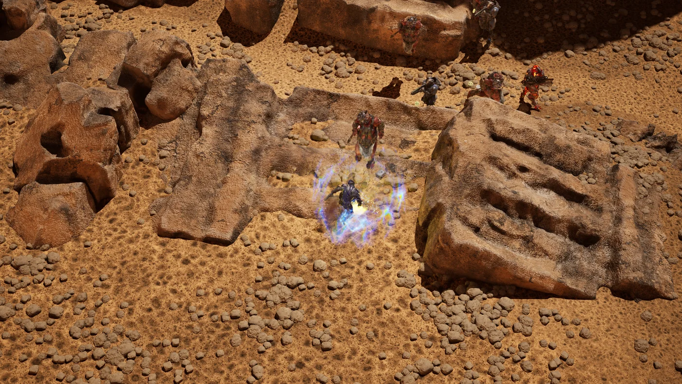 Combat among desert rock formations