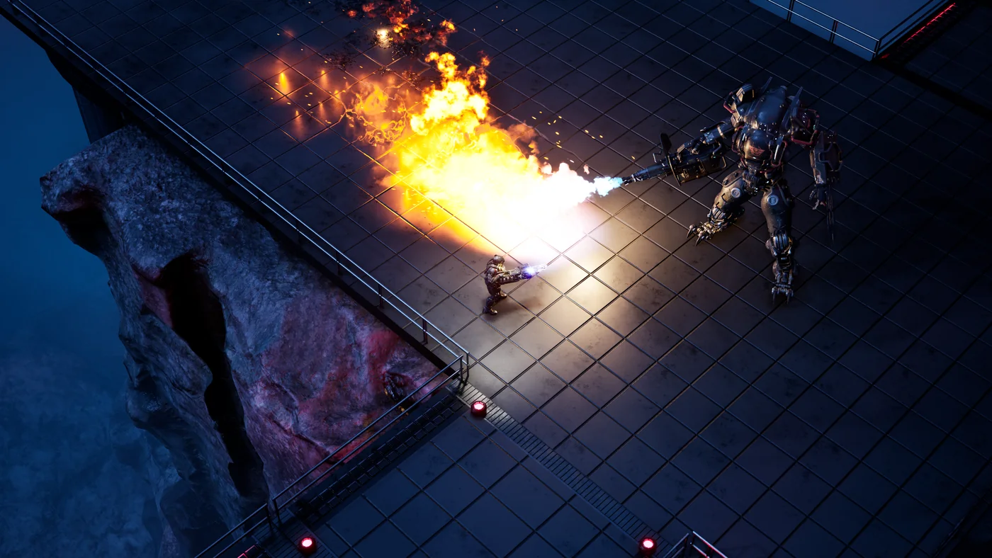 Flamethrower combat on a cliffside platform