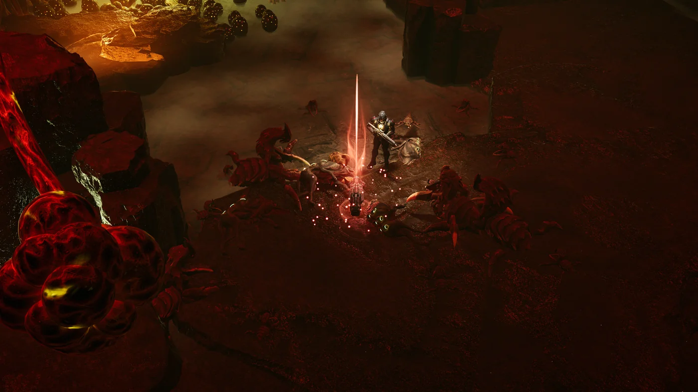 A firefight in red-lit corrupted ruins