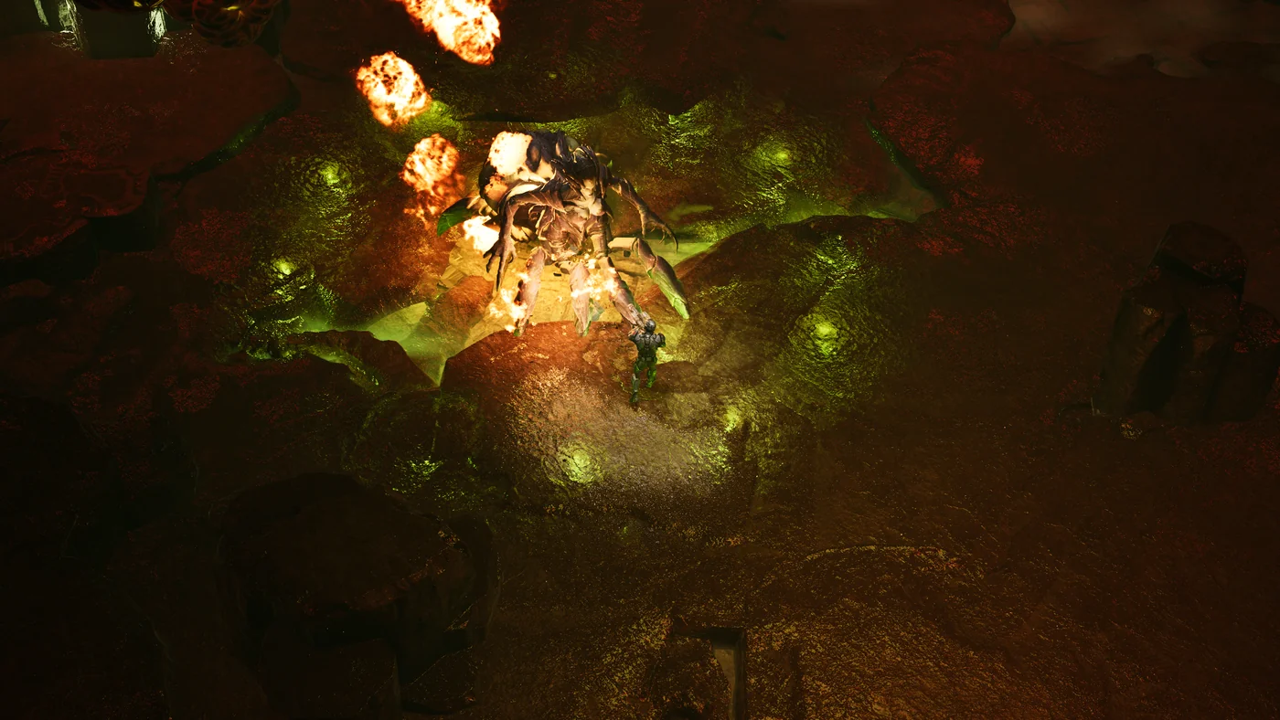 Explosions around a creature boss in a swamp
